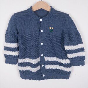 Hand Knit Button Front Soft Striped Sweater Cardigan Embroidered Blue Girls 3-4